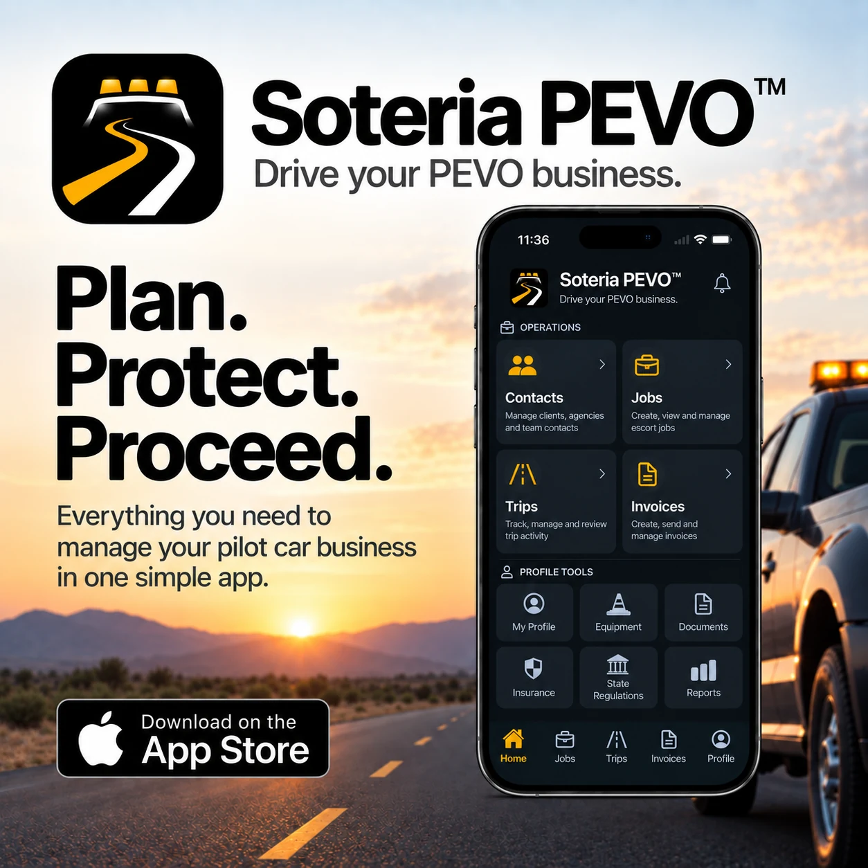 Soteria PEVO app preview with pilot car branding